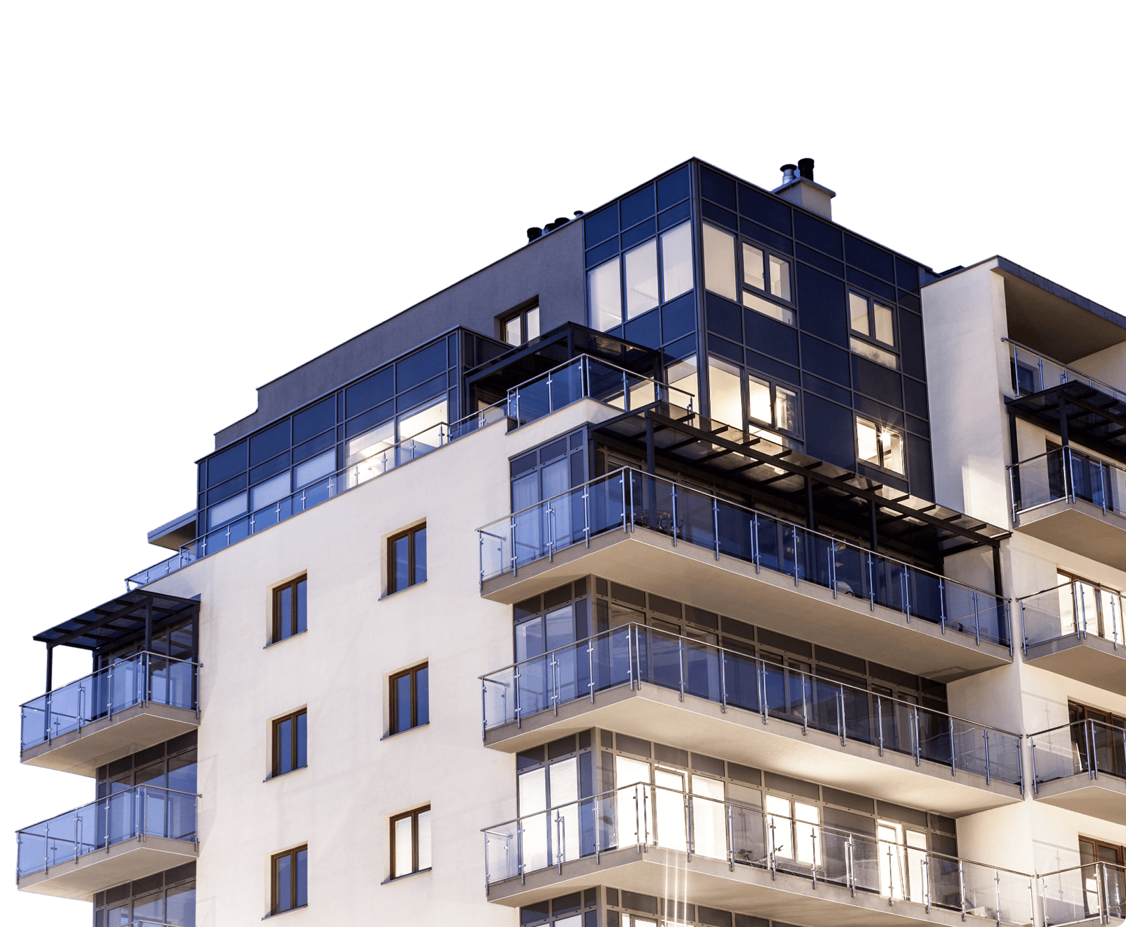 Modern apartment building at night.